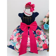 Vestido Infantil Azul Escuro Renda Jardim Broche Flor Strass