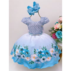 Vestido Infantil Azul Floral Renda Cinto Pérolas Luxo Festa