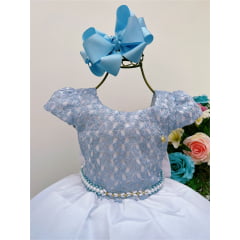 Vestido Infantil Azul Floral Renda Cinto Pérolas Luxo Festa