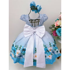 Vestido Infantil Azul Floral Renda Cinto Pérolas Luxo Festa