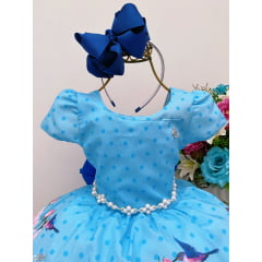 Vestido Infantil Azul Flores Beija Flor Cinto Pérolas Luxo