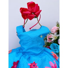 Vestido Infantil Azul Flores Jardim S/ Manga Luxo 