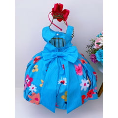 Vestido Infantil Azul Flores Jardim S/ Manga Luxo 