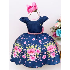 Vestido Infantil Azul Marinho Floral Laço Luxo Festa