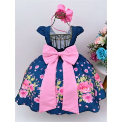 Vestido Infantil Azul Marinho Floral Laço Luxo Festa