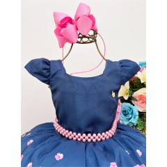Vestido Infantil Azul Marinho Floral Laço Luxo Festa