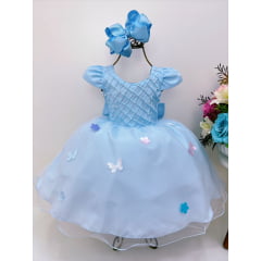 Vestido Infantil Azul Peito Nervura Aplique Borboletas Flor