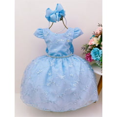 Vestido Infantil Azul Renda de Flores e Cinto de Pérolas