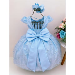 Vestido Infantil Azul Renda de Flores e Cinto de Pérolas