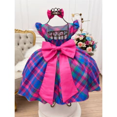 Vestido Infantil Azul Royal Colorido Xadrez C/ Laço Luxo