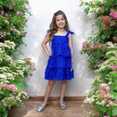 Vestido Infantil Azul Royal de Alça e Com Plumas Luxo