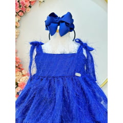 Vestido Infantil Azul Royal de Alça e Com Plumas Luxo