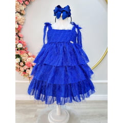 Vestido Infantil Azul Royal de Alça e Com Plumas Luxo