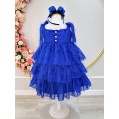 Vestido Infantil Azul Royal de Alça e Com Plumas Luxo