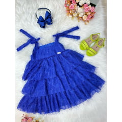 Vestido Infantil Azul Royal de Alça e Com Plumas Luxo