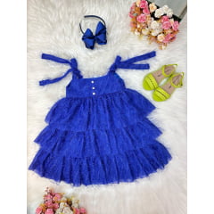 Vestido Infantil Azul Royal de Alça e Com Plumas Luxo