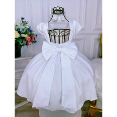 Vestido Infantil Branco C/ Aplique de Flores e Broche Luxo