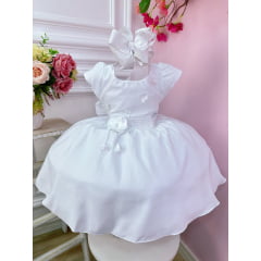 Vestido Infantil Branco C/ Aplique de Flores e Broche Luxo