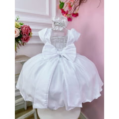 Vestido Infantil Branco C/ Aplique de Flores e Broche Luxo