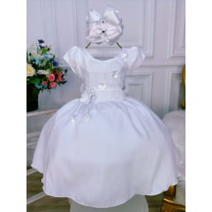 Vestido Infantil Branco C/ Aplique de Flores e Broche Luxo