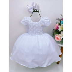 Vestido Infantil Branco C/ Bolinhas Cinto Pérolas Luxo