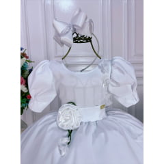Vestido Infantil Branco C/ Broche Flores Aplique Borboletas