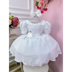 Vestido Infantil Branco C/ Broche Flores Aplique Borboletas