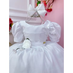 Vestido Infantil Branco C/ Broche Flores Aplique Borboletas