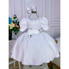 Vestido Infantil Branco C/ Broche Flores Aplique Borboletas