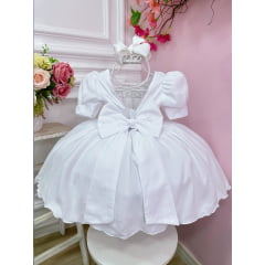 Vestido Infantil Branco C/ Broche Flores Aplique Borboletas