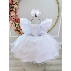 Vestido Infantil Branco C/ Broche Prata Babados Damas Festa