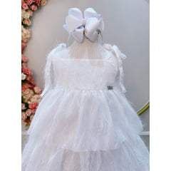 Vestido Infantil Branco de Alça e Com Plumas Luxo