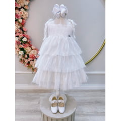 Vestido Infantil Branco de Alça e Com Plumas Luxo