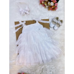 Vestido Infantil Branco de Alça e Com Plumas Luxo