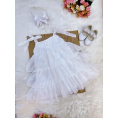 Vestido Infantil Branco de Alça e Com Plumas Luxo