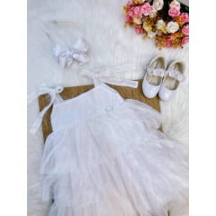 Vestido Infantil Branco de Alça e Com Plumas Luxo