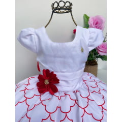 Vestido Infantil Branco Floral Vermelho Aplique Flor Strass