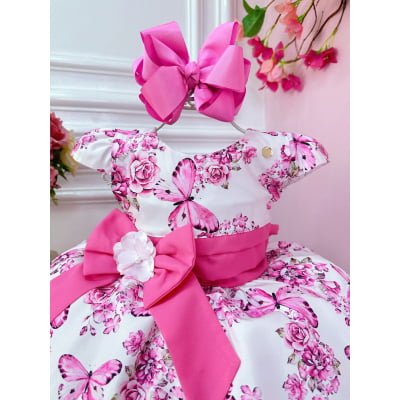 Vestido Infantil Branco Jardim das Borboletas C/ Broche