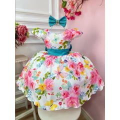 Vestido Infantil Branco Jardim Das Borboletas C/ Laço Luxo