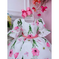 Vestido Infantil Branco Jardim das Borboletas Com Pérolas