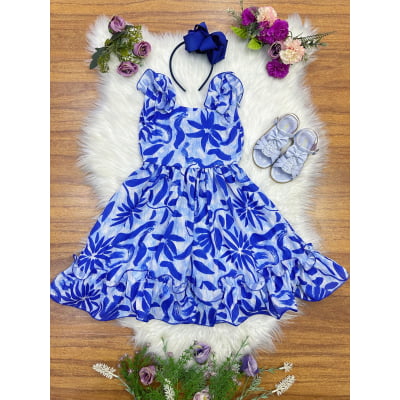 Vestido Infantil Casual Primavera Florido Azul