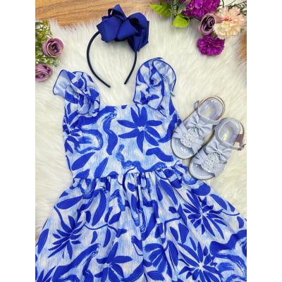 Vestido Infantil Casual Primavera Florido Azul