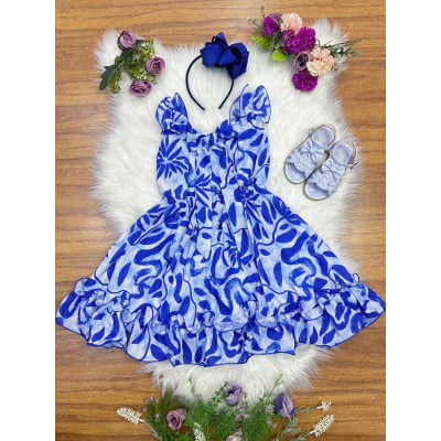 Vestido Infantil Casual Primavera Florido Azul