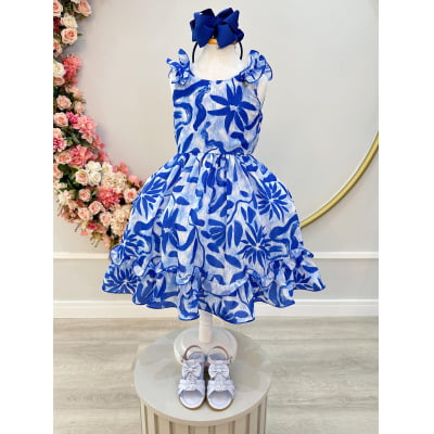 Vestido Infantil Casual Primavera Florido Azul