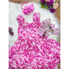 Vestido Infantil Casual Primavera Rosa Chiclete Florido