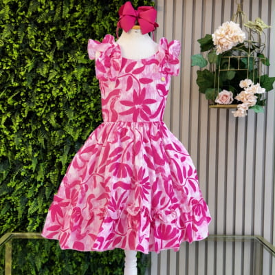 Vestido Infantil Casual Primavera Rosa Chiclete Florido