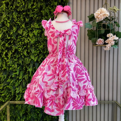 Vestido Infantil Casual Primavera Rosa Chiclete Florido