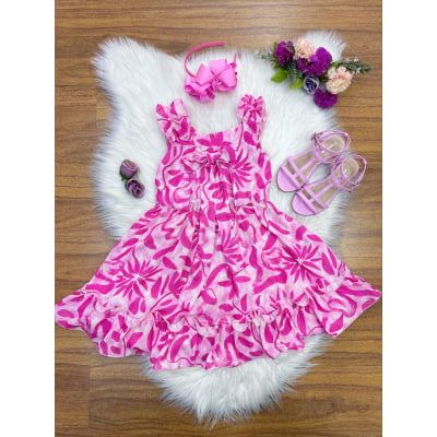 Vestido Infantil Casual Primavera Rosa Chiclete Florido
