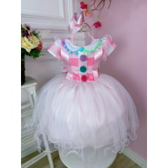 Vestido Infantil Circo Rosa Com Pompons Coloridos