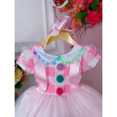 Vestido Infantil Circo Rosa Com Pompons Coloridos